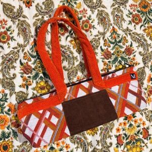 Vintage Woven‎ Tapestry Geometric Shoulder Bag Orange Brown Corduroy Made in USA